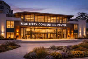 Monterey Convention Center lit up at dusk