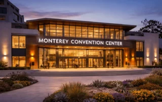 Monterey Convention Center lit up at dusk